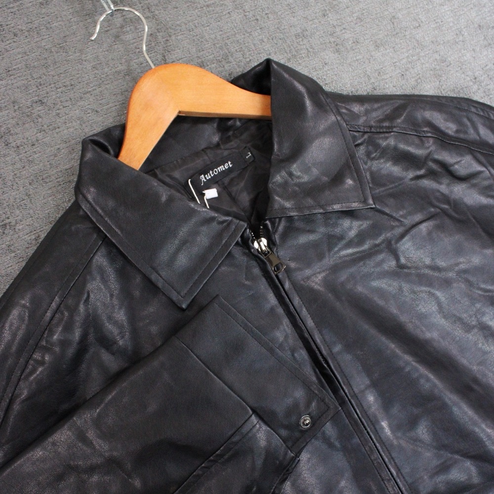 Automet Mens Black Faux Leather Bomber Jacket EZau208-93 Size L NWT